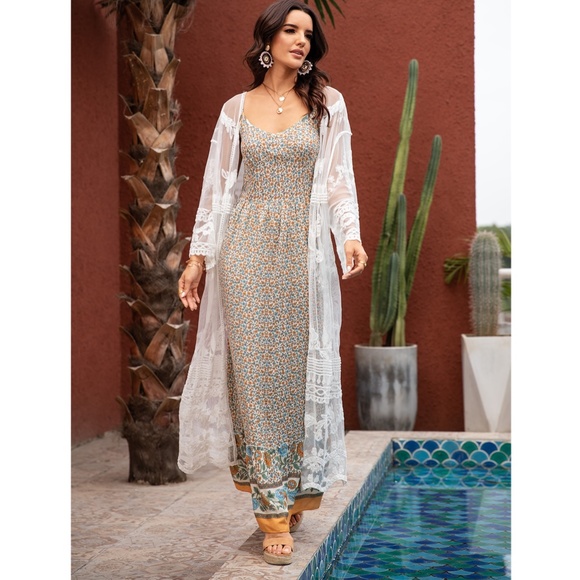 White Lace Boho Coverup Long Kimono - Picture 4 of 10